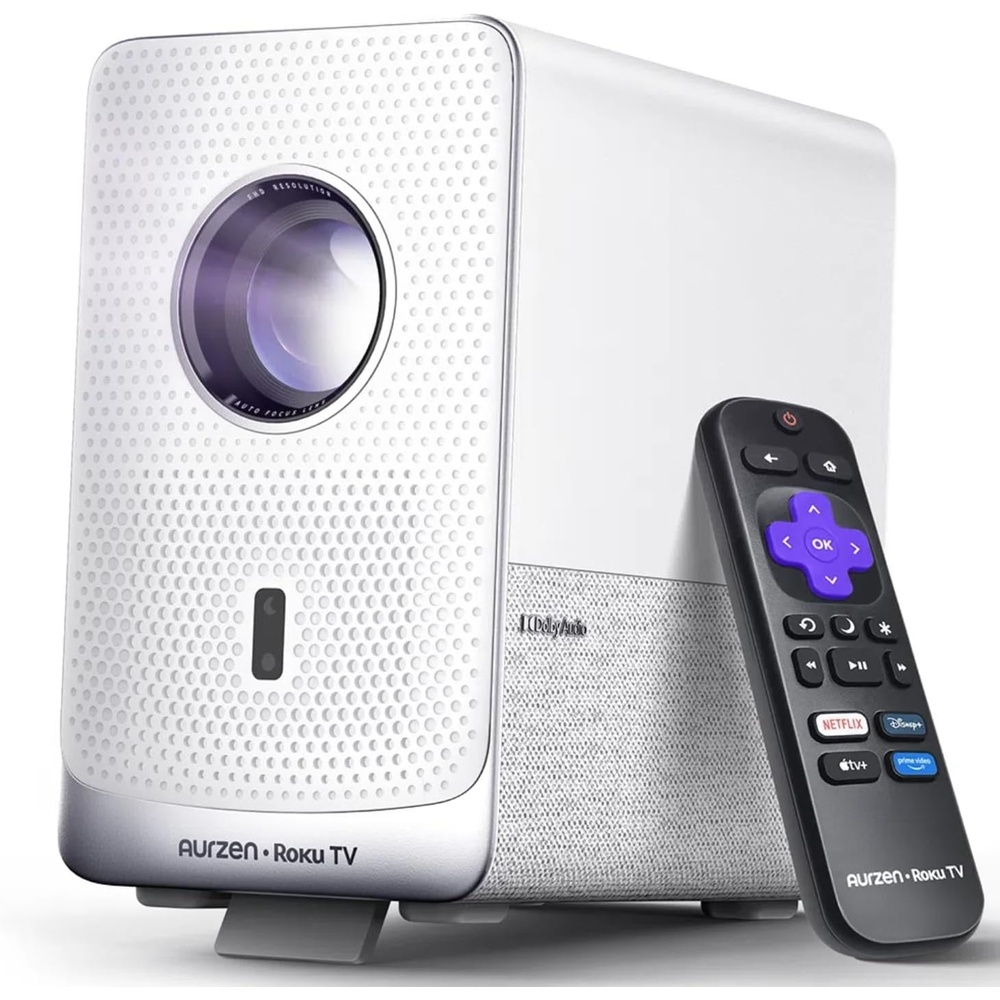 image:imageAurzen Roku TV Smart Projector with Wifi and Bluetooth D1R Cube Roku Streaming Experience Builtin Sealed Optical Engine 1080P FHD DoIby AudioPortable Mini Projector for Soccer GameOutdoor MovieWhite