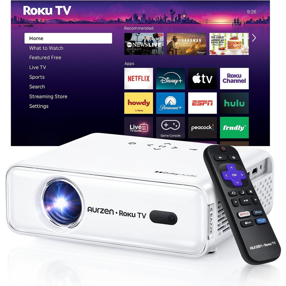 image:imageAurzen Roku TV Smart Projector with Wifi and Bluetooth Roku TV Builtin 1080P FHD DoIby Audio Auto Focus amp Keystone Zoom Movie Portable Outdoor Mini Projector for Soccer Football Game WhiteRoku TV