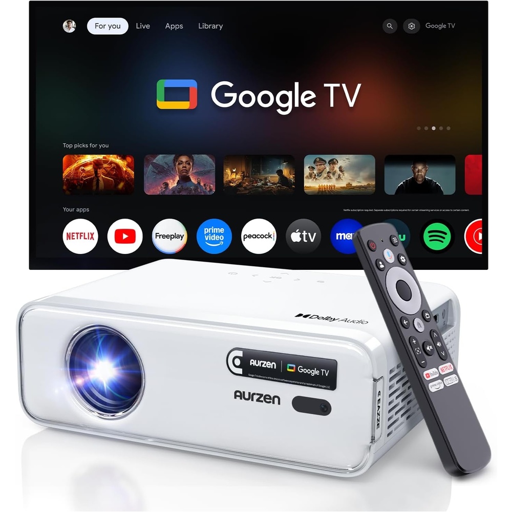 image:imageAurzen Roku TV Smart Projector with Wifi and Bluetooth Roku TV Builtin 1080P FHD DoIby Audio Auto Focus amp Keystone Zoom Movie Portable Outdoor Mini Projector for Soccer Football Game WhiteGoogle TV