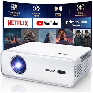 Aurzen Roku TV Smart Projector with Wifi and Bluetooth, Roku TV Built-in, 1080P FHD, DoIby Audio, Auto Focus & Keystone, Zoom, Movie Portable Outdoor Mini Projector for Soccer Football Game, White(Linux)
