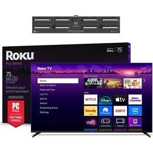 Roku Smart TV – 75-Inch Pro Series, Mini-LED TV – RokuTV with Backlit Voice Remote Pro – Flat Screen 4K QLED Television Wall Mount Kit for 75-Inch Pro Series TV – Ultra-Slim(TV and Mount)